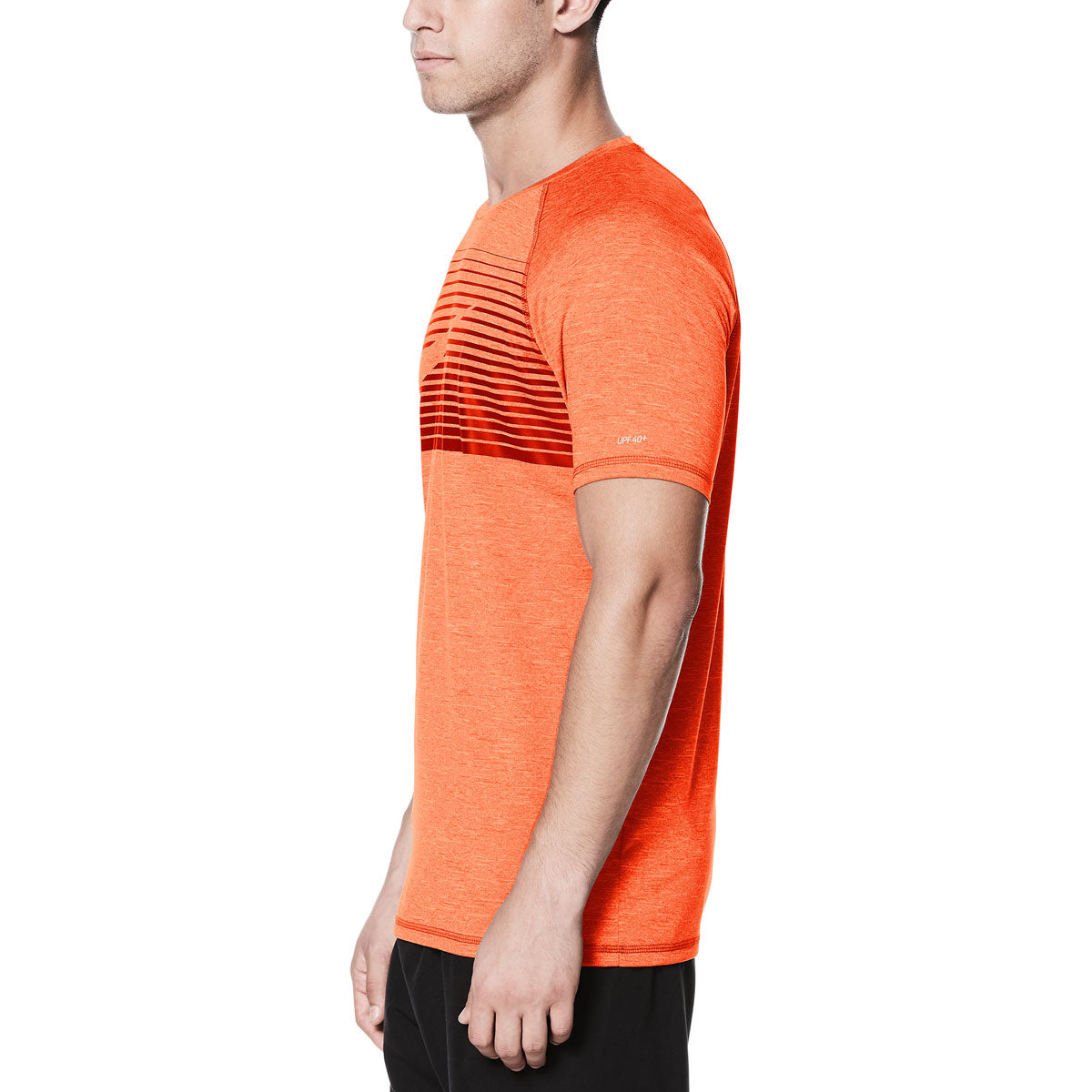 Nike Swim Men's Beam Hydroguard Short Sleeve T-Shirt - A man wearing a short-sleeved orange t-shirt with horizontal stripes on the chest.