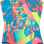Nike Swim Girls' Drift Graffiti Print T-Back One-Piece Swimsuit - A one-piece swimsuit with a graffiti print design in shades of pink, blue, and yellow.