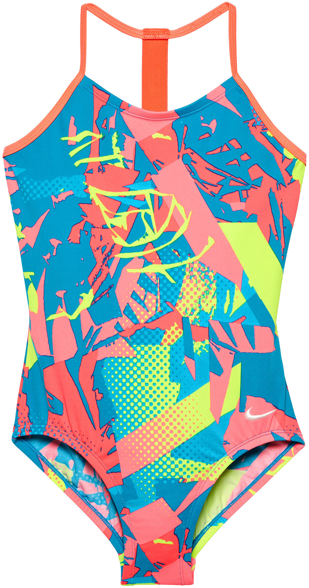 Nike Swim Girls' Drift Graffiti Print T-Back One-Piece Swimsuit - A one-piece swimsuit with a graffiti print design in shades of pink, blue, and yellow.