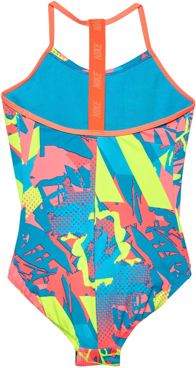 Nike Swim Girls' Drift Graffiti Print T-Back One-Piece Swimsuit - A one-piece swimsuit with a graffiti print in shades of pink, blue, and yellow.