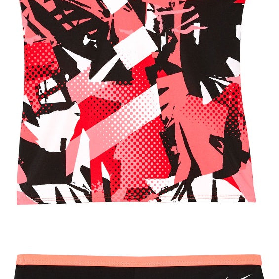 Nike Swim Girls' Drift Graffiti Print T-Back Tankini Set Two-Piece Swimsuit - A pink, black and white swimsuit with a graffiti print design.