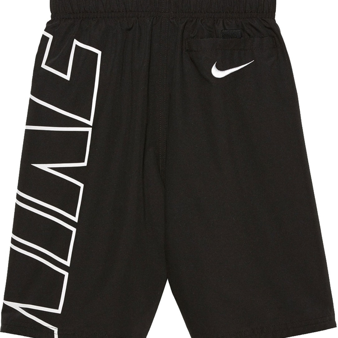Nike Swim Boy's Logo Breaker 8" Trunk Water Shorts - Black swim trunks with white Nike logo on left leg.