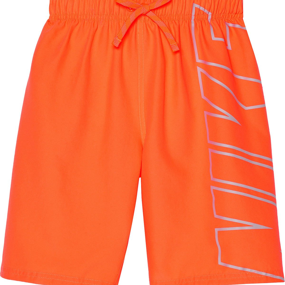 Nike Swim Boy's Logo Breaker 8" Trunk Water Shorts - A pair of orange swim trunks with a white Nike logo on the left leg.
