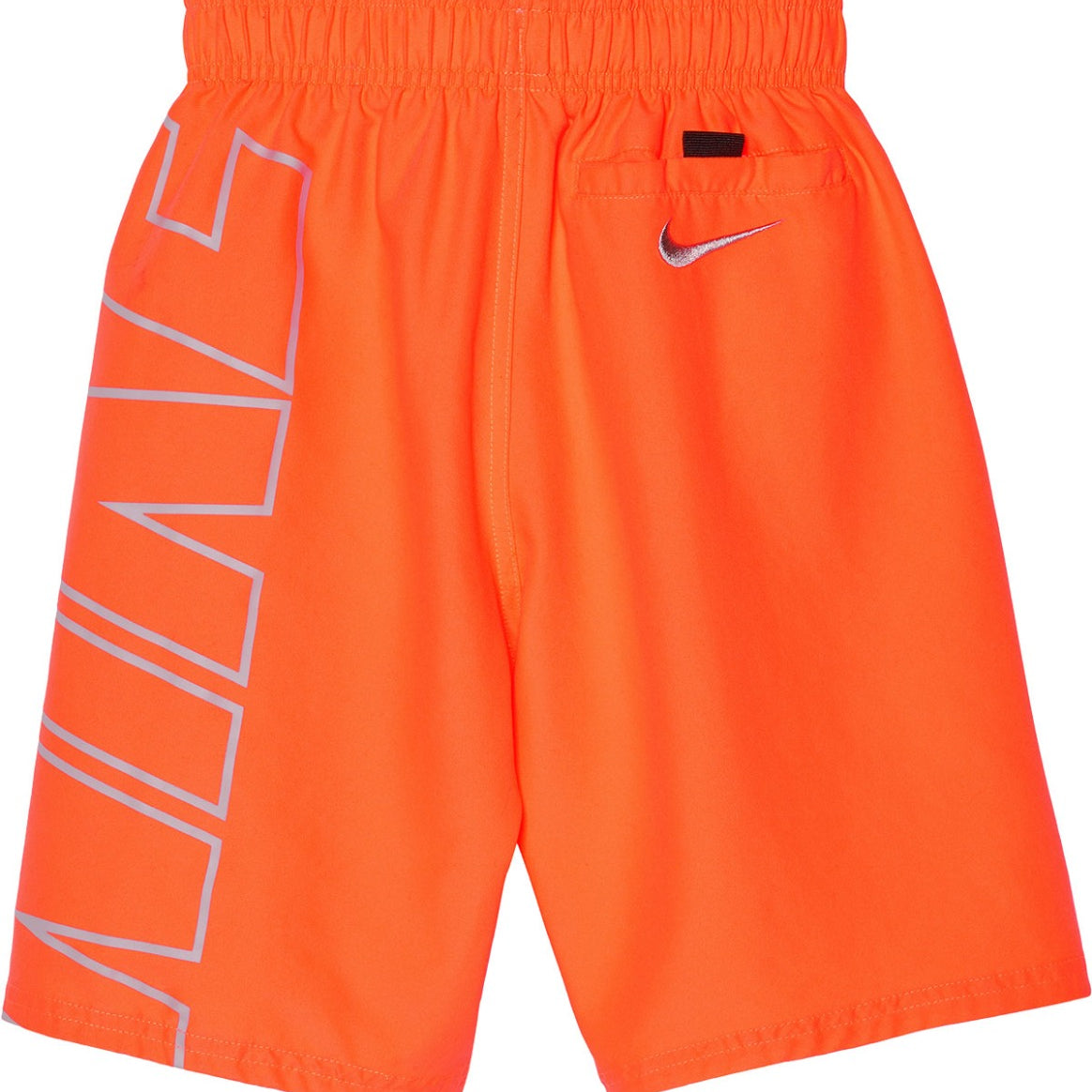 Nike Swim Boy's Logo Breaker 8" Trunk Water Shorts - A pair of orange swim trunks with a white Nike logo on the left leg.