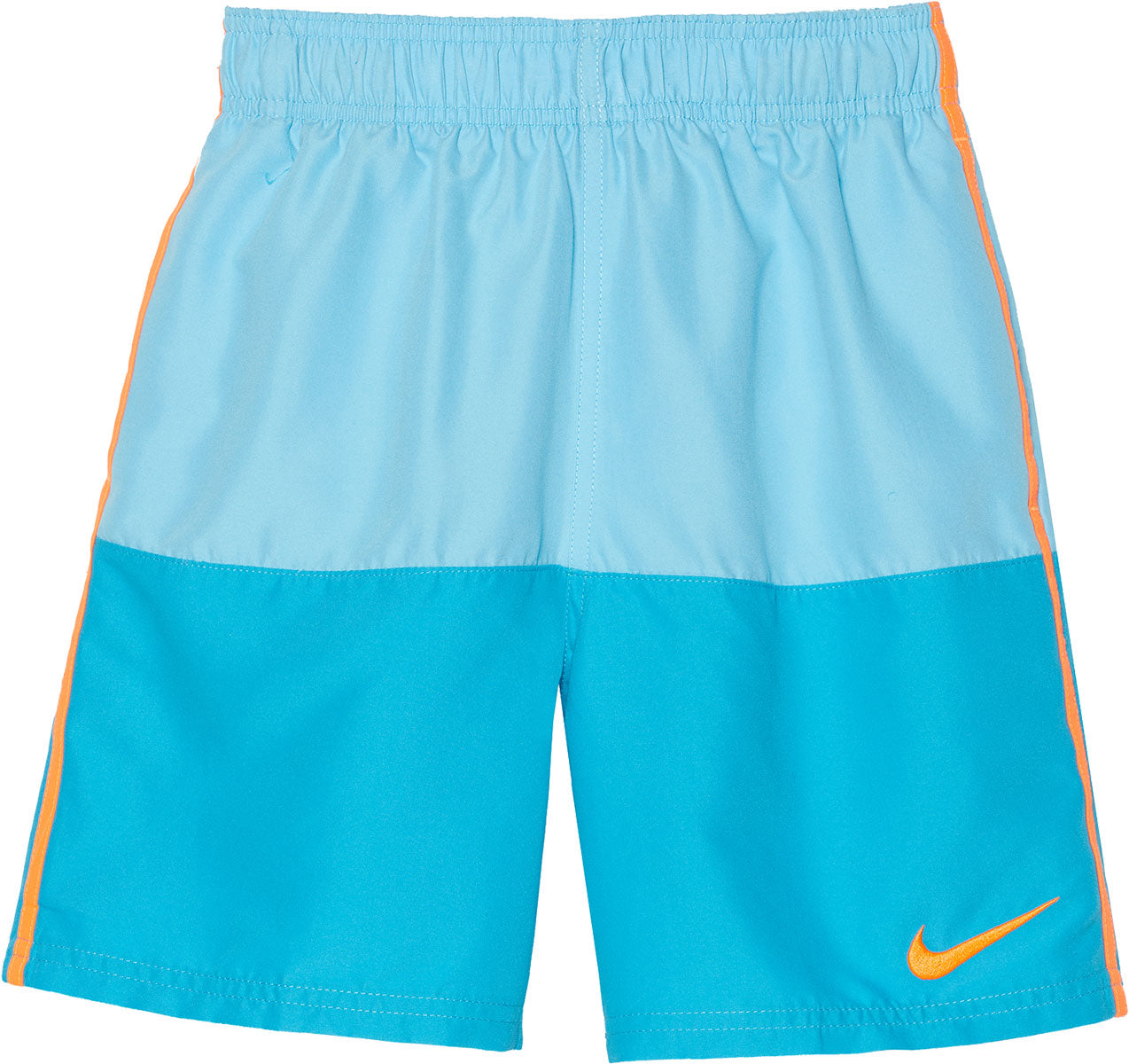 Nike Swim Boy's Solid Split 6-Inch Trunk Splice Volley Swim Shorts - A pair of blue swim trunks with orange stripes on the sides and a Nike logo on the left leg.