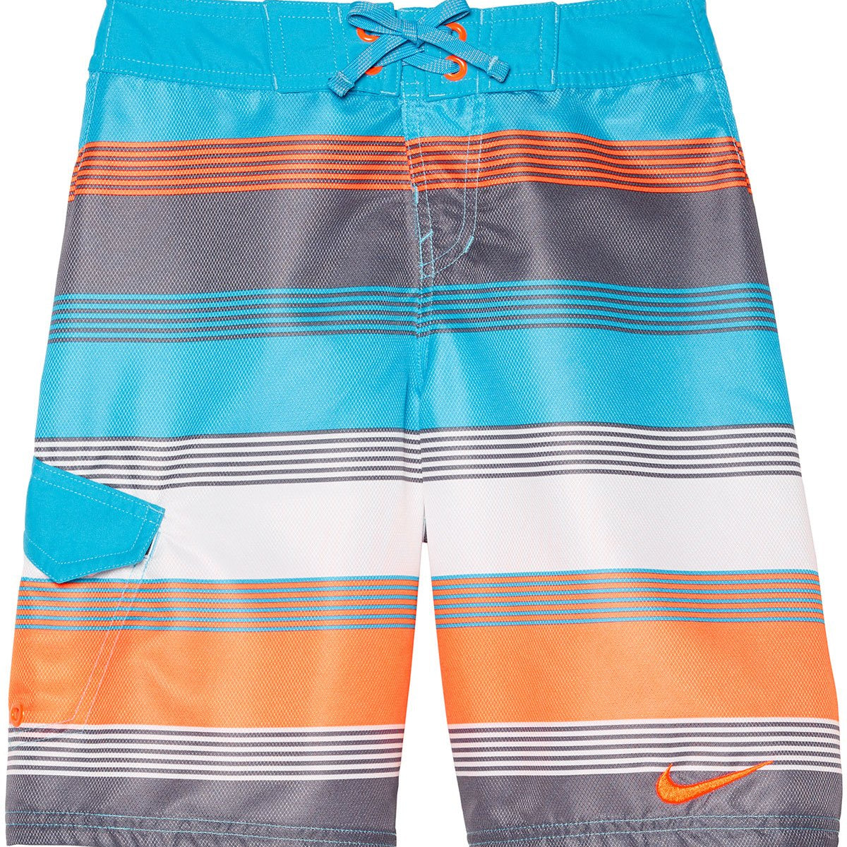 Nike Swim Boy's 6:1 Lane Drift 9-Inch Board Shorts - A pair of blue and orange board shorts with a white stripe down the side, featuring an orange Nike logo on the left leg.