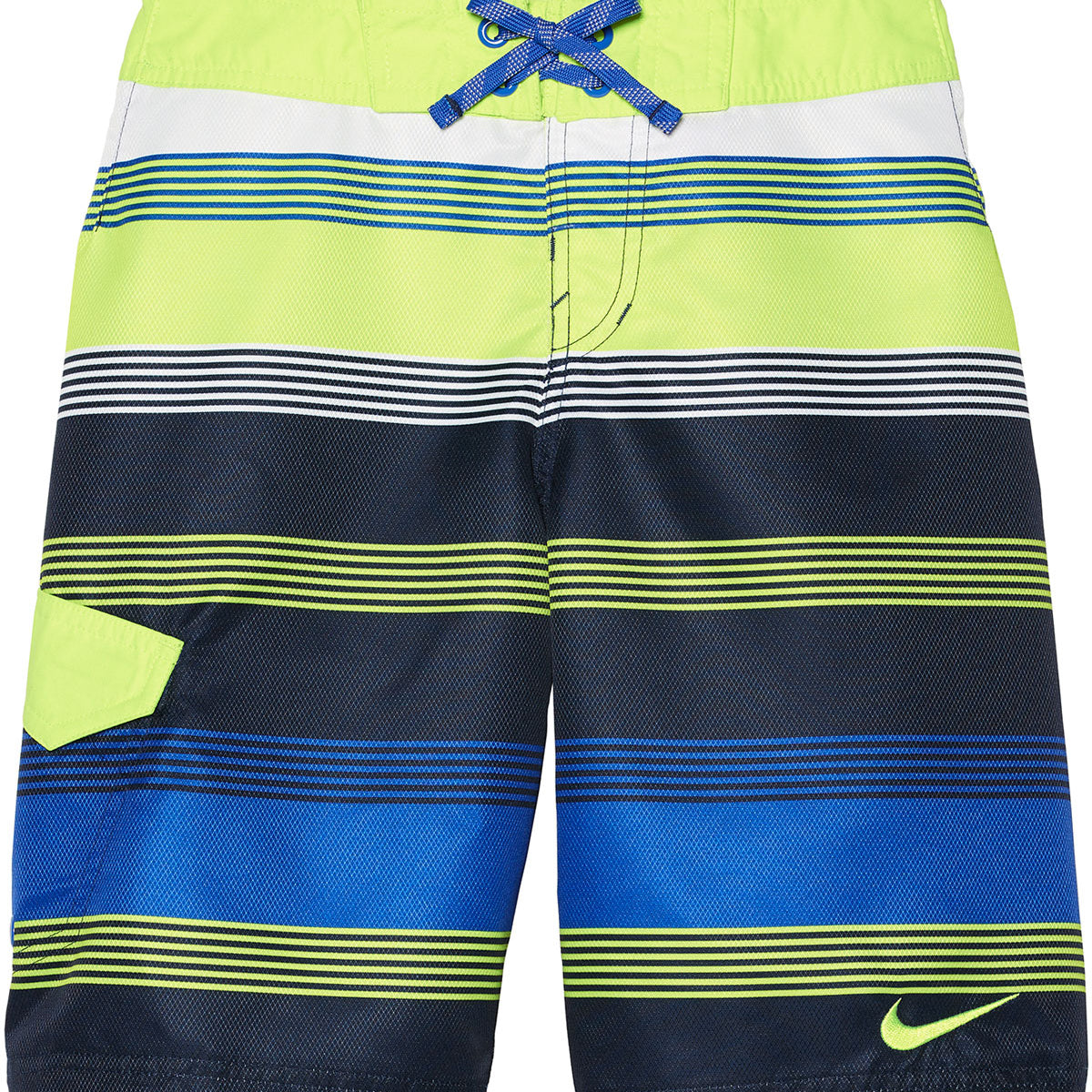 Nike Swim Boy's 6:1 Lane Drift 9-Inch Board Shorts - A pair of blue and white striped board shorts with a Nike logo on the left leg.