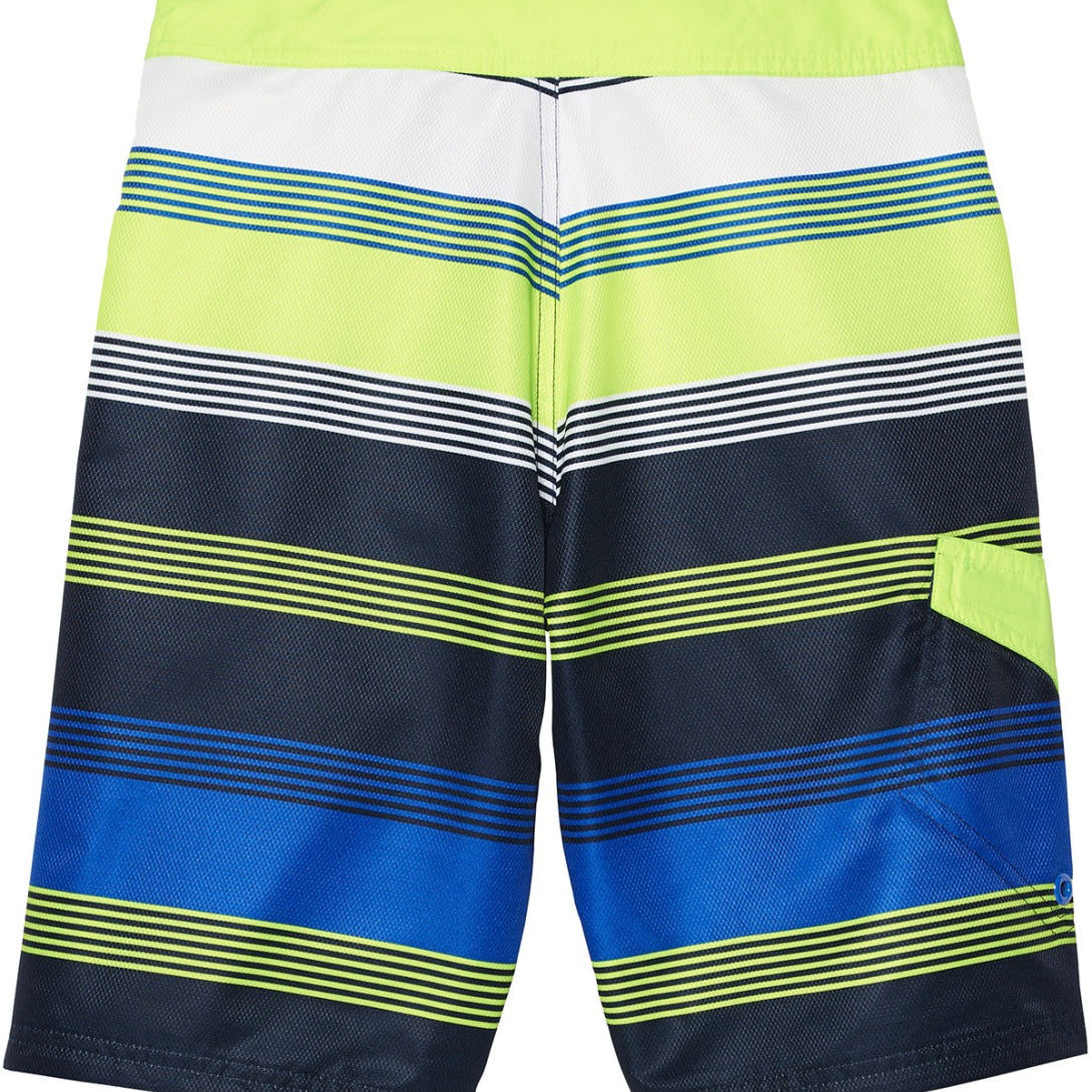 Nike Swim Boy's 6:1 Lane Drift 9-Inch Board Shorts - A pair of blue and white board shorts with a repeating pattern of horizontal lines on the front, featuring a small pocket on the right side.