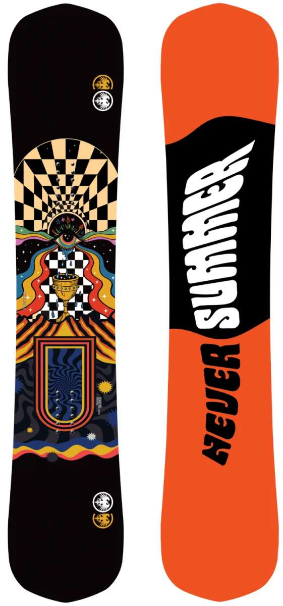 Never Summer Women's Proto Slinger Snowboard 2024 - A black snowboard with a tan and white checker patterned sunburst design on top of a multicolored wavy line.