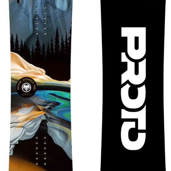 Never Summer Proto Synthesis Snowboard - 2024 model with a black background and white lettering on top of a mountain graphic.