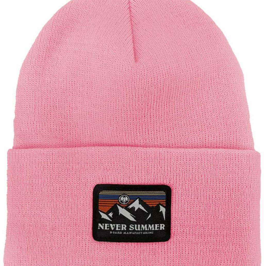 Never Summer - A pink beanie with a retro sunset design on the cuff.