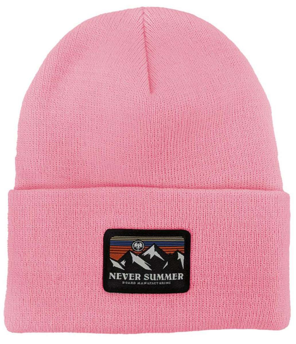 Never Summer - A pink beanie with a retro sunset design on the cuff.