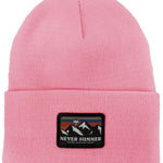 Never Summer - A pink beanie with a retro sunset design on the cuff.