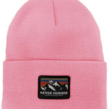Never Summer - A pink beanie with a retro sunset design on the cuff.