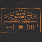 Never Summer - Rockland 2 Longsleeve Tee 2023 with a dark gray background and white lettering.