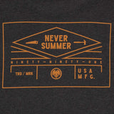 Never Summer - Rockland 2 Longsleeve Tee 2023 with a dark gray background and white lettering.