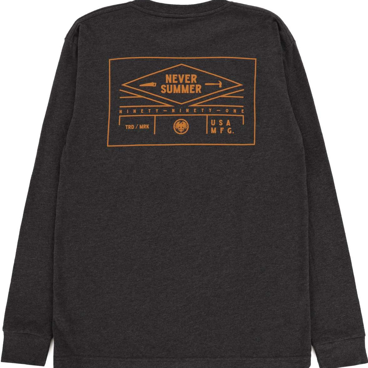 Never Summer - A long-sleeved tee with a white and blue graphic of a mountain range on the front.