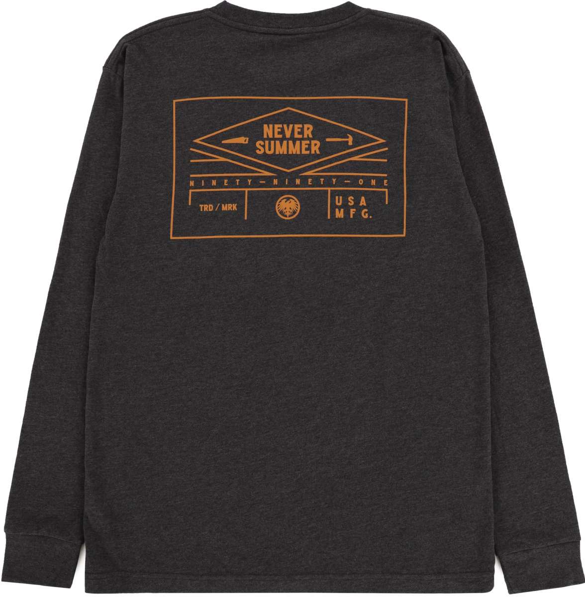 Never Summer - A long-sleeved tee with a white and blue graphic of a mountain range on the front.