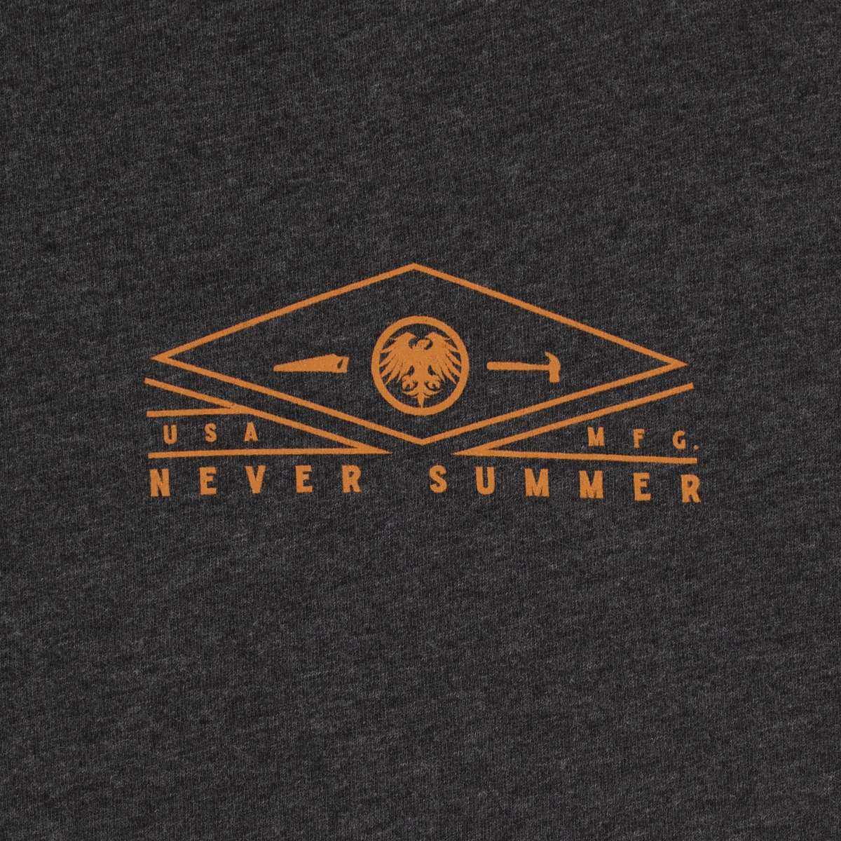 Never Summer - A long-sleeved tee with a round logo featuring an eagle and a hammer, in white on a dark heathered gray background.