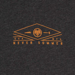 Never Summer - A long-sleeved tee with a round logo featuring an eagle and a hammer, in white on a dark heathered gray background.