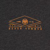 Never Summer - A long-sleeved tee with a round logo featuring an eagle and a hammer, in white on a dark heathered gray background.