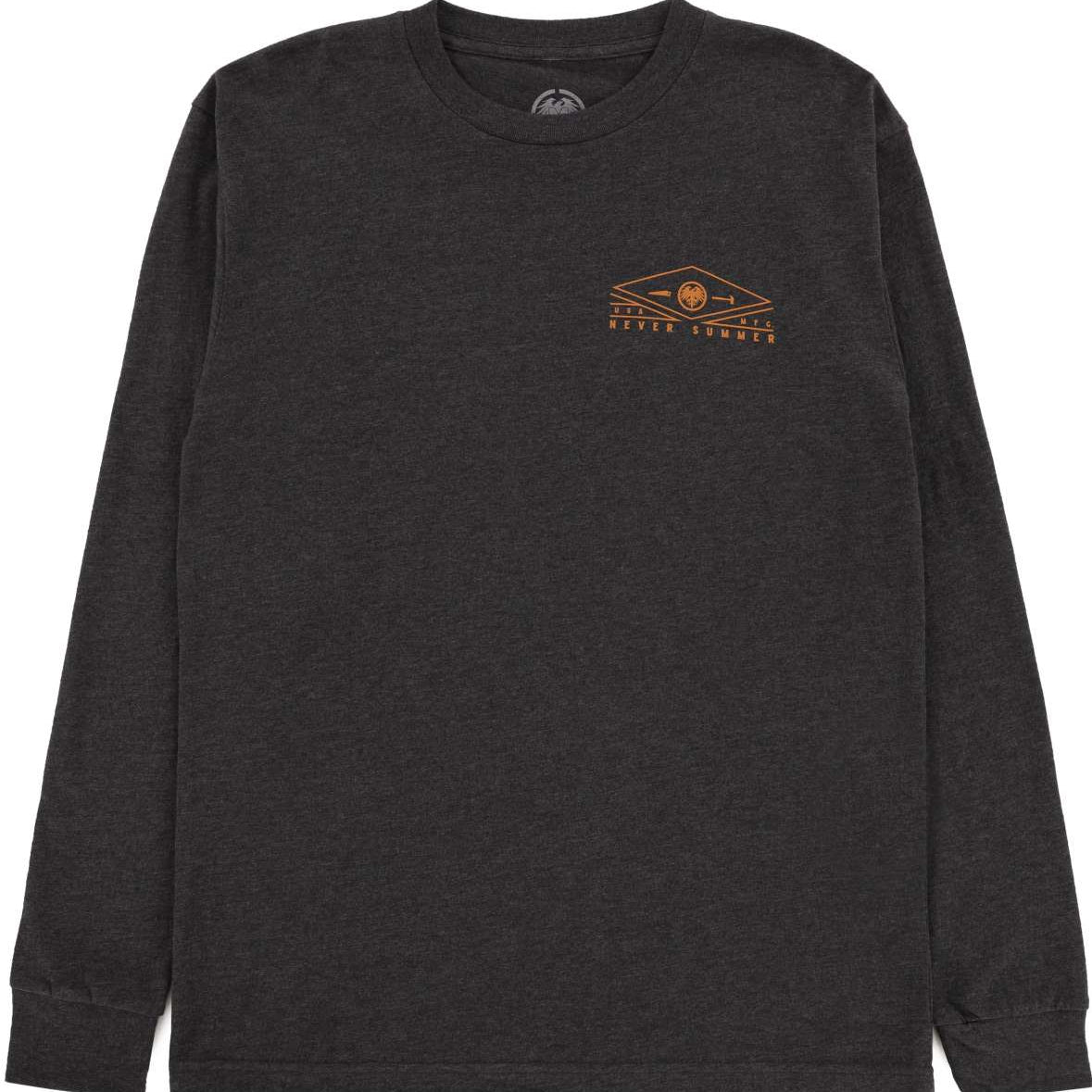 Never Summer Rockland 2 Longsleeve Tee 2023 - A dark gray long-sleeved shirt with a crew neck and a logo on the chest featuring a mountain range in shades of blue, green, and yellow.