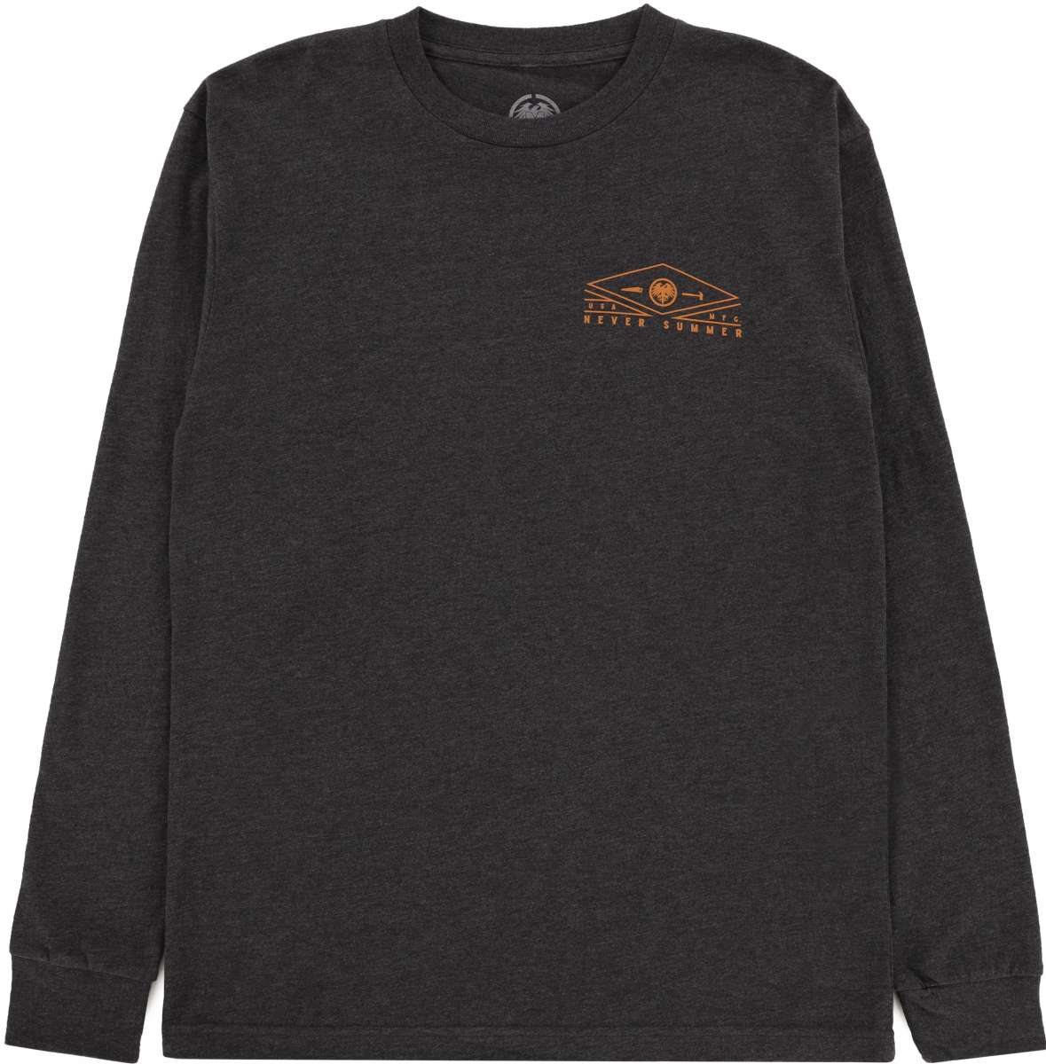 Never Summer Rockland 2 Longsleeve Tee 2023 - A dark gray long-sleeved shirt with a crew neck and a logo on the chest featuring a mountain range in shades of blue, green, and yellow.