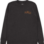 Never Summer Rockland 2 Longsleeve Tee 2023 - A dark gray long-sleeved shirt with a crew neck and a logo on the chest featuring a mountain range in shades of blue, green, and yellow.