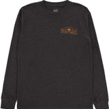 Never Summer Rockland 2 Longsleeve Tee 2023 - A dark gray long-sleeved shirt with a crew neck and a logo on the chest featuring a mountain range in shades of blue, green, and yellow.