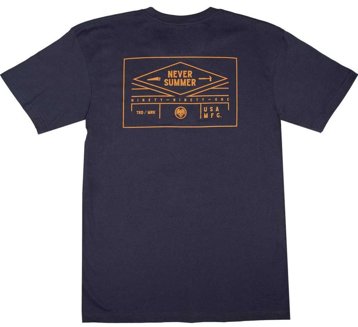 Never Summer - A short-sleeved navy blue t-shirt with a white logo on the chest and "NEVER SUMMER" written in small letters above it.