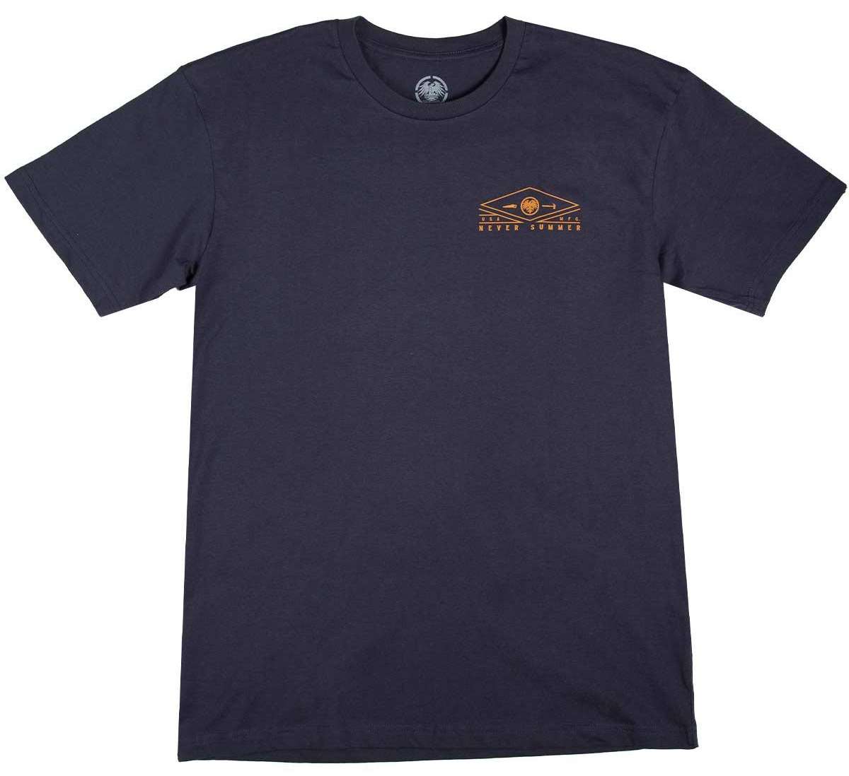 Never Summer - Rockland 2 Short Sleeve Tee from 2023, featuring a navy blue color with white and yellow graphics on the front.