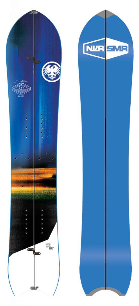Never Summer Swift Splitboard - 2021 splitboard with a blue top sheet featuring a white logo of an eagle in a circle on the tail section.