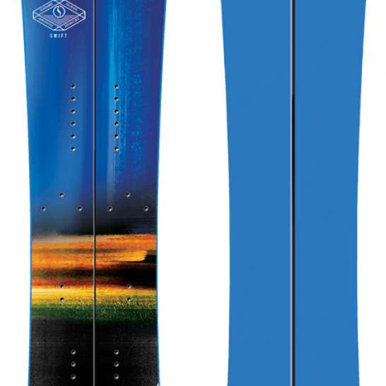 Never Summer Swift Splitboard - 2021 splitboard with a blue top sheet featuring a white logo of an eagle in a circle on the tail section.
