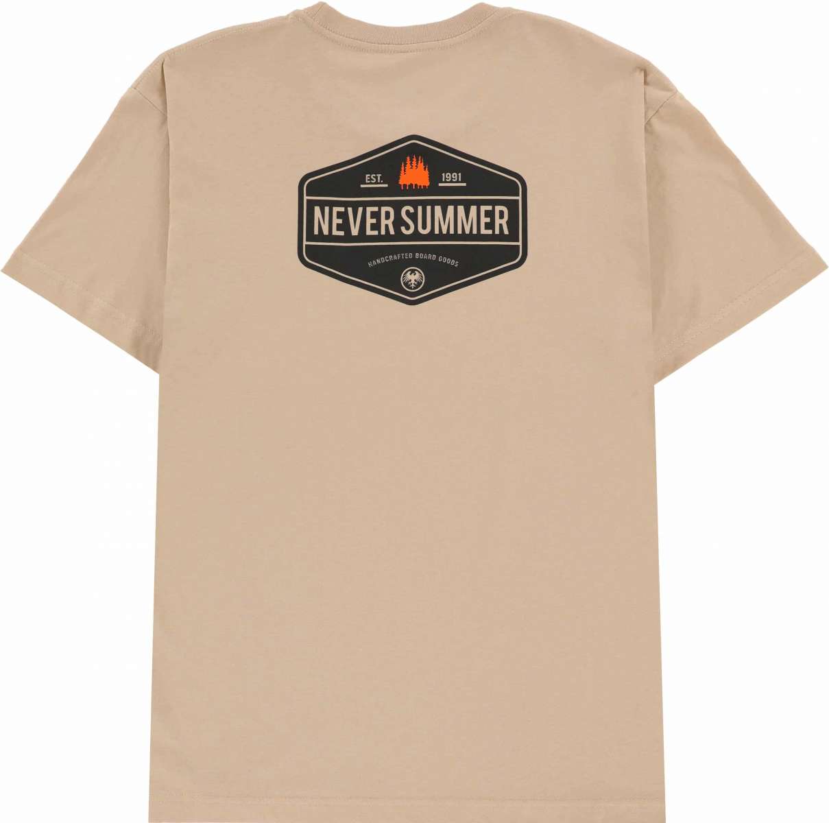 Never Summer Workwear 2 Short Sleeve Tee 2024 - A tan short-sleeved t-shirt with a logo featuring three orange trees on top of white text that reads "NEVER SUMMER".