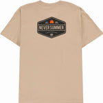 Never Summer Workwear 2 Short Sleeve Tee 2024 - A tan short-sleeved t-shirt with a logo featuring three orange trees on top of white text that reads "NEVER SUMMER".