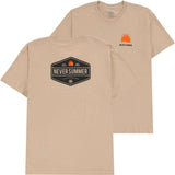 Never Summer Workwear 2 Short Sleeve Tee 2024 - A tan short-sleeved t-shirt with a small orange logo on the left chest featuring three trees and the words "NEVER SUMMER" in black.