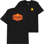 Never Summer Workwear 2 Short Sleeve Tee 2024 - A black short-sleeved t-shirt with a small yellow logo on the chest featuring three trees and the words "NEVER SUMMER" in orange text.