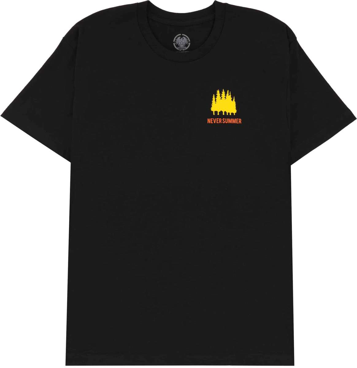 Never Summer Workwear 2 Short Sleeve Tee 2024 - A black short-sleeved t-shirt with a small logo on the chest featuring a yellow mountain range and the words "NEVER SUMMER" in white.