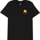 Never Summer Workwear 2 Short Sleeve Tee 2024 - A black short-sleeved t-shirt with a small logo on the chest featuring a yellow mountain range and the words "NEVER SUMMER" in white.