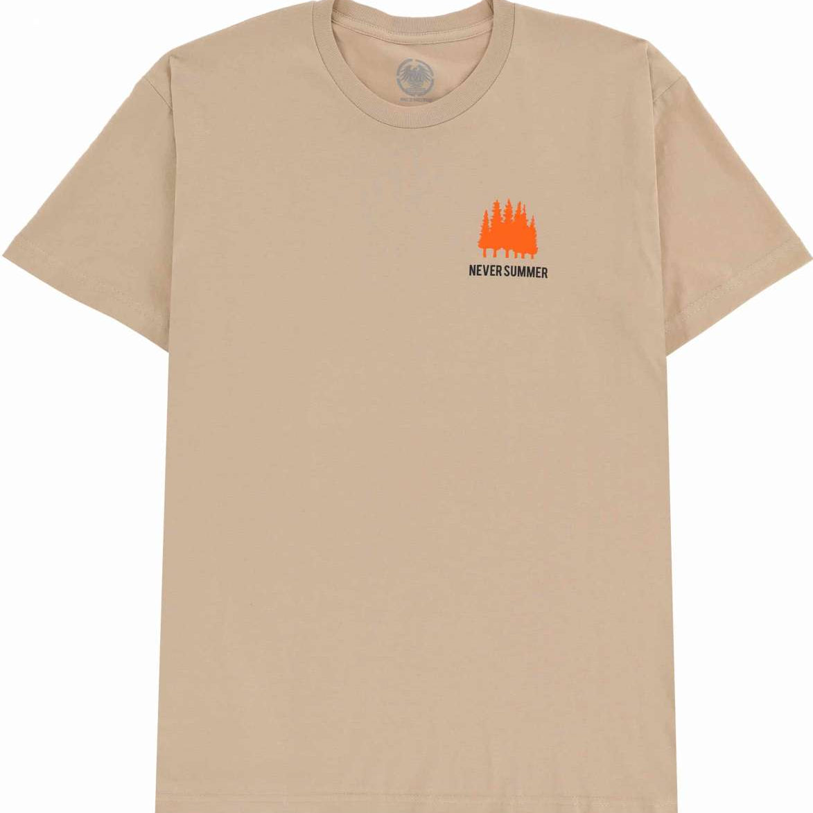 Never Summer Workwear 2 Short Sleeve Tee 2024 - A tan short-sleeved t-shirt with a small logo on the chest featuring an orange silhouette of trees and the words "NEVER SUMMER" in white.