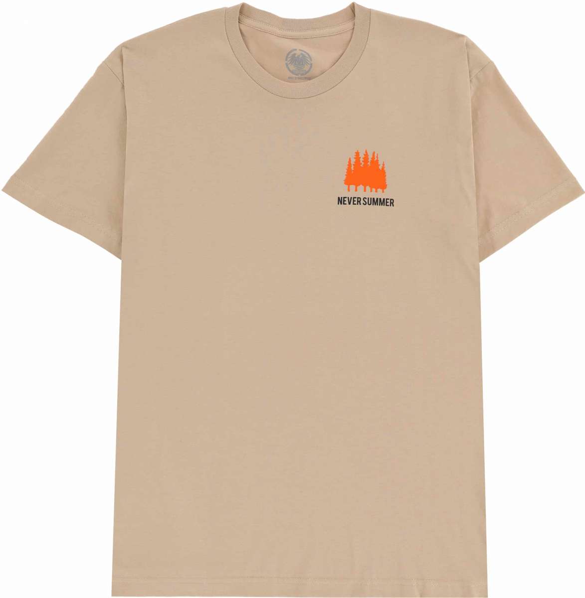 Never Summer Workwear 2 Short Sleeve Tee 2024 - A tan short-sleeved t-shirt with a small logo on the chest featuring an orange silhouette of trees and the words "NEVER SUMMER" in white.