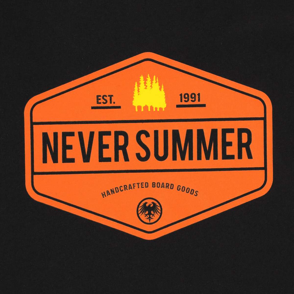 Never Summer Workwear 2 Short Sleeve Tee 2024 - A short-sleeved orange t-shirt with a white logo on the chest and a small tag near the bottom hem.