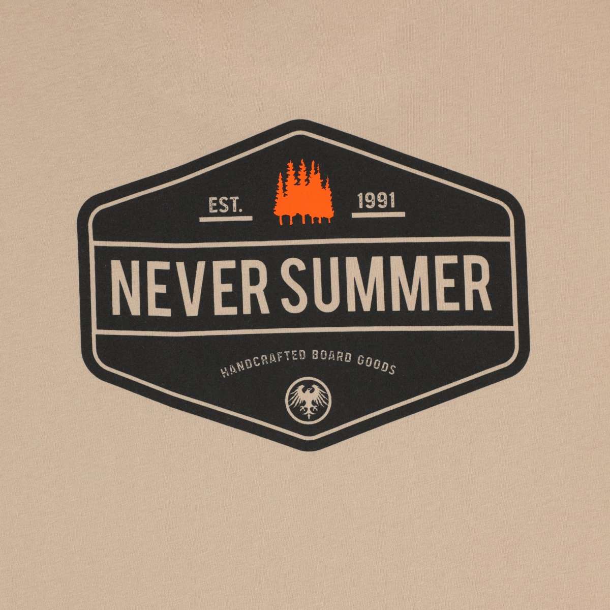 Never Summer Workwear 2 Short Sleeve Tee 2024 - A black short-sleeved t-shirt with a white logo on the chest and a small tag near the bottom hem.