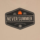 Never Summer Workwear 2 Short Sleeve Tee 2024 - A black short-sleeved t-shirt with a white logo on the chest and a small tag near the bottom hem.