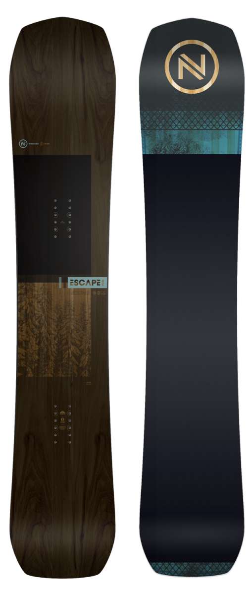 Nidecker Escape Plus Snowboard 2024 - A dark brown snowboard with a gold logo in the center of the top.