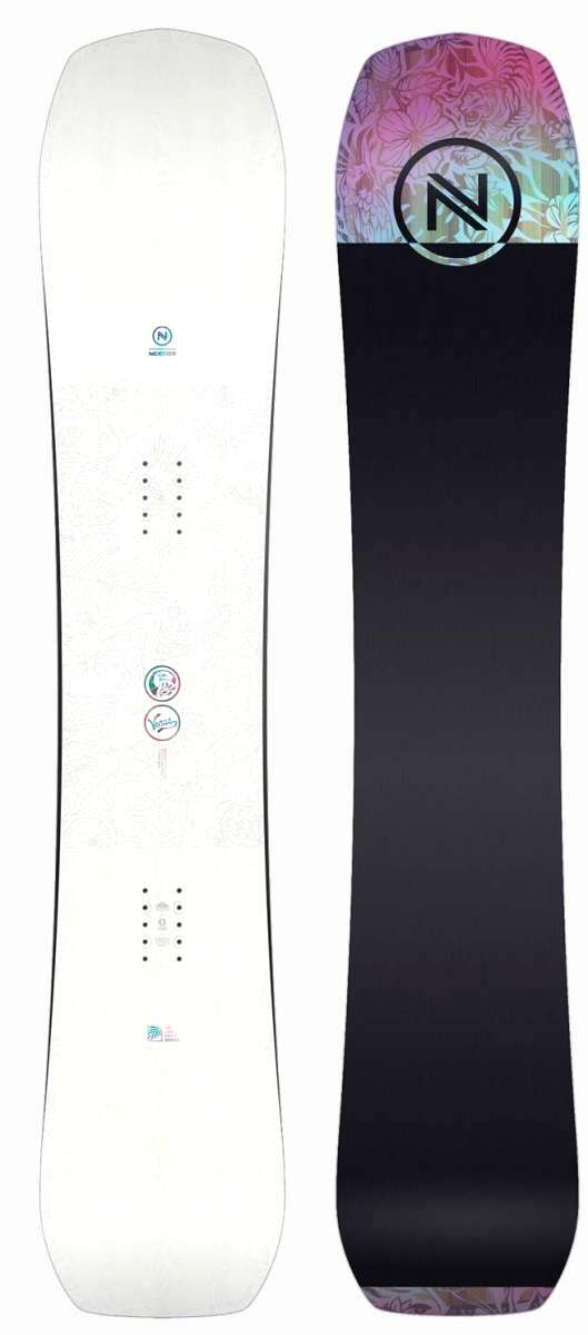 Nidecker Women's Venus Snowboard 2023 - A white snowboard with a pink and purple floral pattern at the top of the tail.