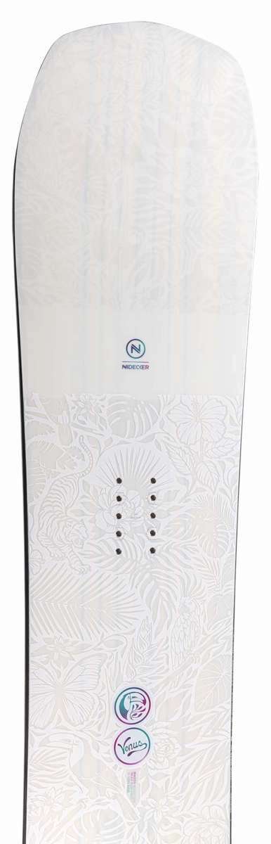 Nidecker Women's Venus Snowboard 2023 - White snowboard with a floral pattern on top and bottom sheets.