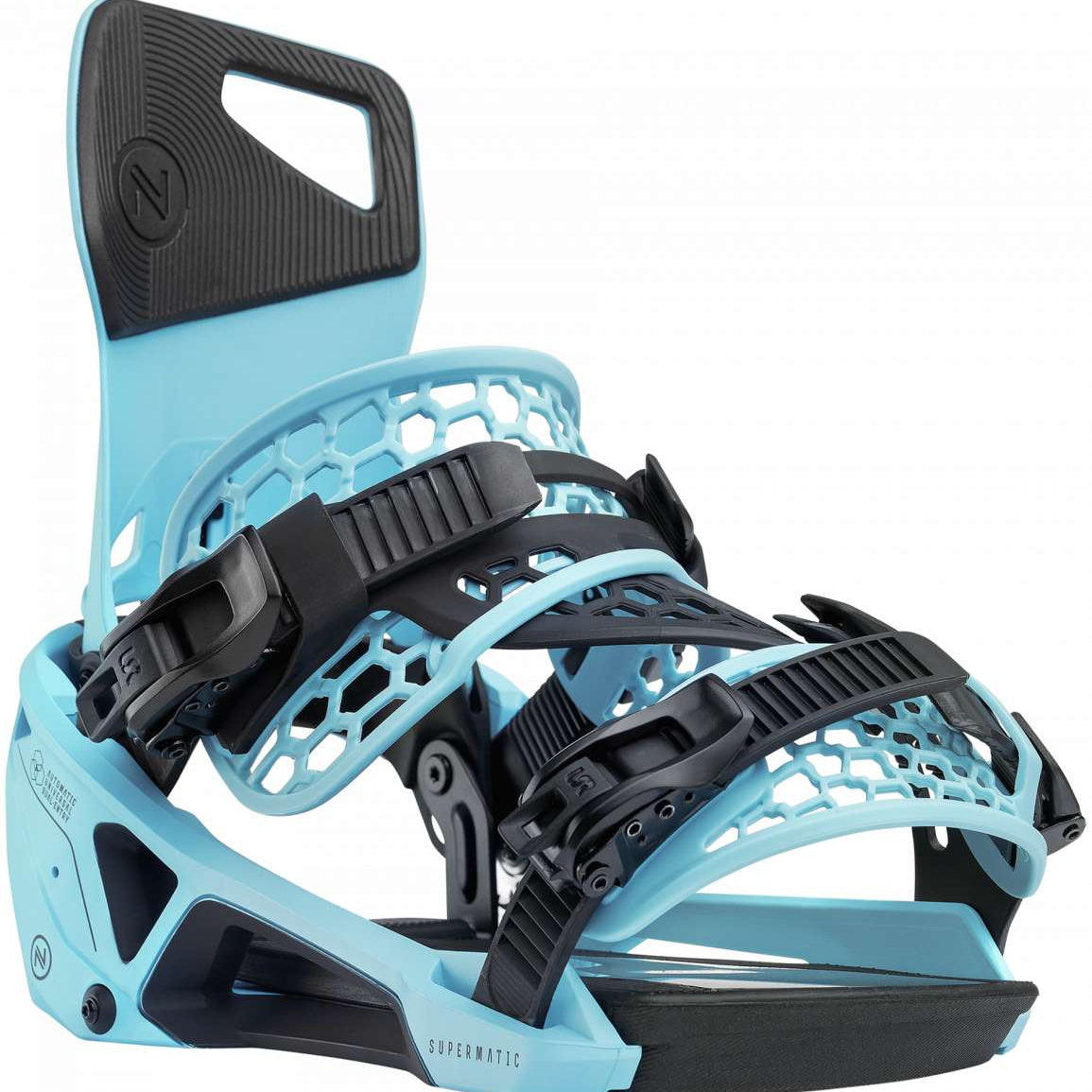 Nidecker Supermatic Snowboard Binding - A light blue snowboard binding with a black strap and buckle, featuring a geometric pattern on the baseplate.