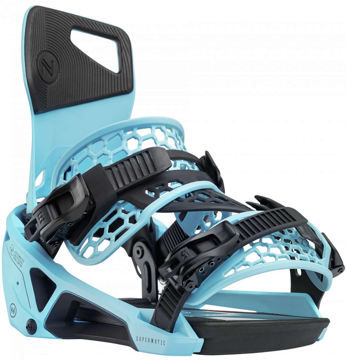 Nidecker Supermatic Snowboard Binding - A light blue snowboard binding with a black strap and buckle, featuring a geometric pattern on the baseplate.