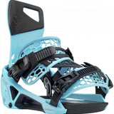 Nidecker Supermatic Snowboard Binding - A light blue snowboard binding with a black strap and buckle, featuring a geometric pattern on the baseplate.
